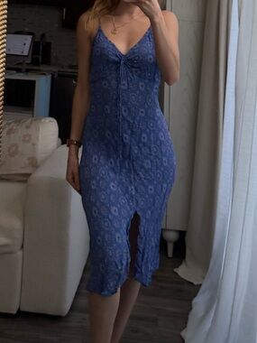 vintage Angie blue floral midi dress slip sundress boho tie front slit dress